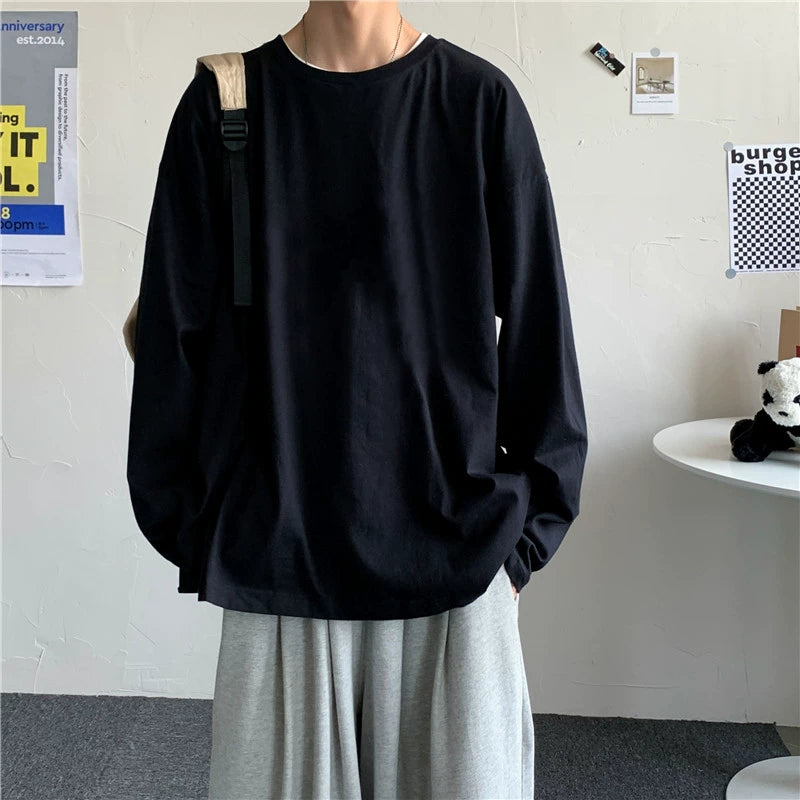 Solid Color Long Sleeves T-shirt Boys Fashion Brand Autumn K-style Loose All-Match Trendy Ins Couple Bottoming Shirt Top Clothes