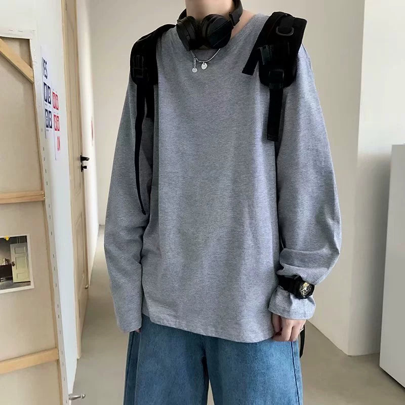 Solid Color Long Sleeves T-shirt Boys Fashion Brand Autumn K-style Loose All-Match Trendy Ins Couple Bottoming Shirt Top Clothes