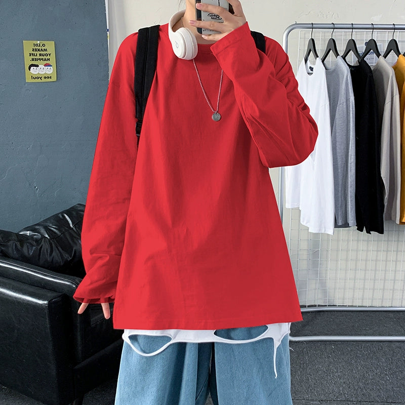 Solid Color Long Sleeves T-shirt Boys Fashion Brand Autumn K-style Loose All-Match Trendy Ins Couple Bottoming Shirt Top Clothes