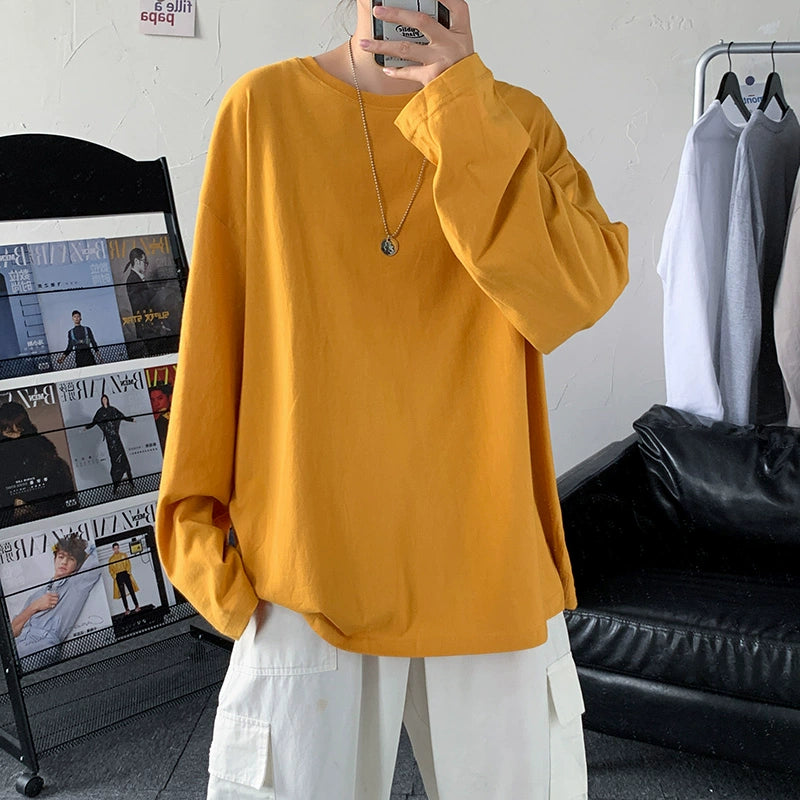 Solid Color Long Sleeves T-shirt Boys Fashion Brand Autumn K-style Loose All-Match Trendy Ins Couple Bottoming Shirt Top Clothes